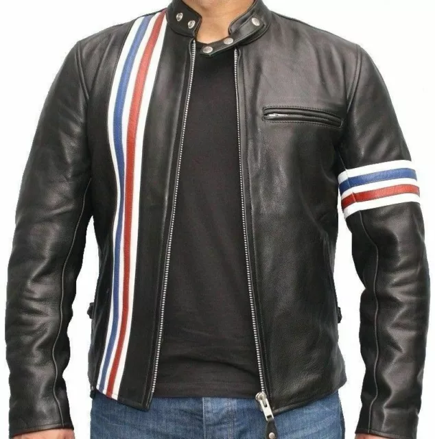 Giacca da moto in pelle da uomo biker bandiera USA nera originale multi righe