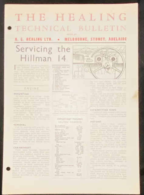 The Healing Technical Bulletin Hillman 14 Servicing Vintage Australia