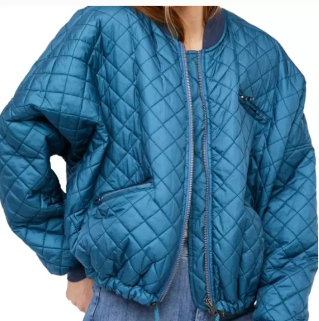 FREE PEOPLE Teal Blue Oversized Cropped Quilted Bomber Jacket Women's M