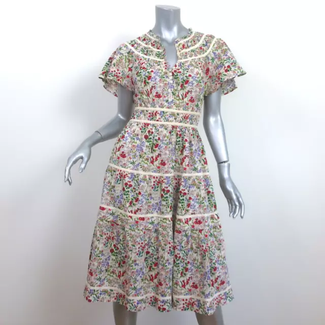 THE GREAT Midi Dress Cream/Multi Floral Print Cotton Size 0 Flutter Sleeve