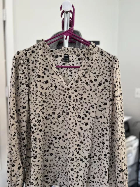 SHEIN Ditsy Floral Print Flounce Long Sleeve Blouse Sz Small Khaki/black