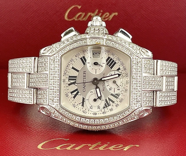 Cartier Roadster XL Men's Watch Silver Dial 43mm Iced Out 12ct Diamonds Ref 2618 Cartier Roadster XL Men's Watch Silver Dial 43mm Iced Out 12ct Diamonds Ref 2618