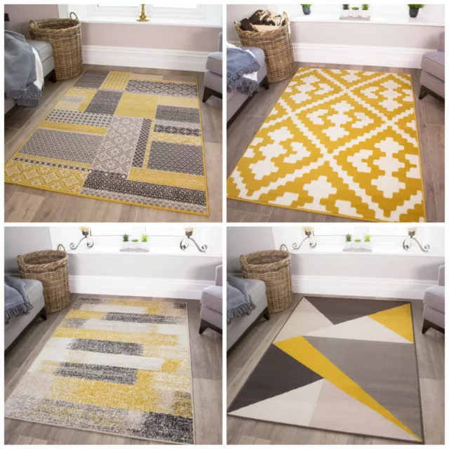 Mustard Ochre Grey Rugs Large Small Fluffy Trellis Geometric Patchwork Area Rug