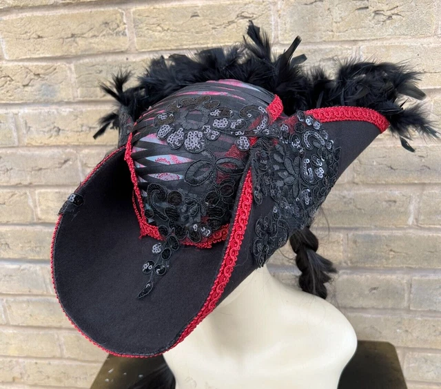 Pirate Tricorn Hat Black Gold Braid Marabou Red Feather Adult Costume Accessory main image 1