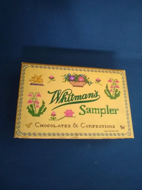 Vtg Whitman's Sampler Chocolates Cardboard CANDY BOX Cross Stitch Valentines Day