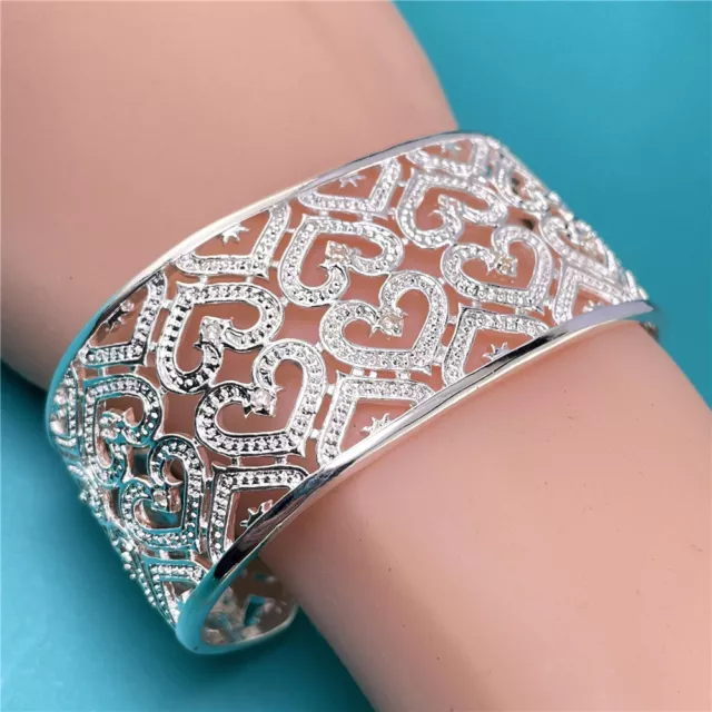 925 Silver Filled Bangles Bracelet Women Fashion Hollow Heart Big Bangle Jewelry