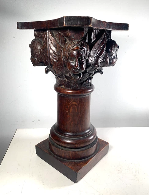 Carved Oak Pedestal Plant Stand Pillar Column Corinthian Capital Figural Cupids Carved Oak Pedestal Plant Stand Pillar Column Corinthian Capital Figural Cupids