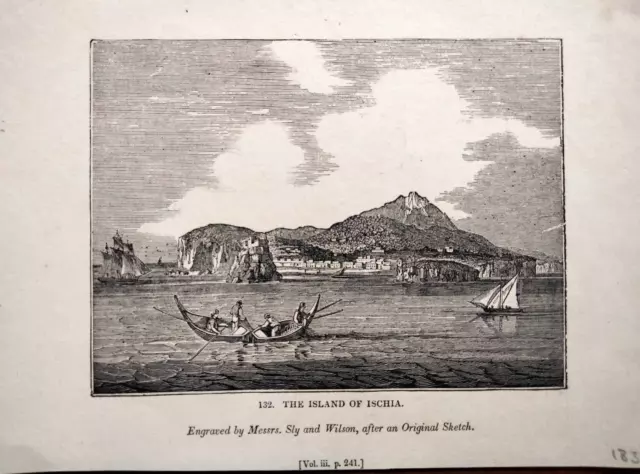 1835 Incisione Su Acciaio Veduta Dell'isola Di Ischia Golfo Di Napoli