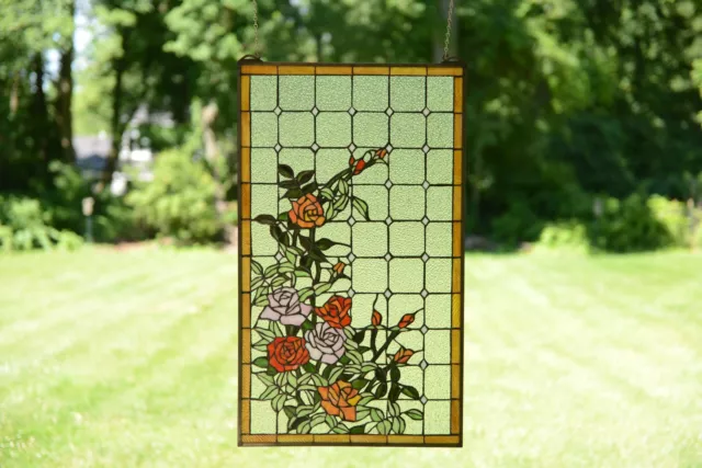 Handcrafted stained glass window panel Rose Flowers Blossom