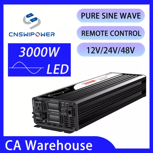 Pure Sine Wave Power Inverter 3000W DC 12V/24V/48V to AC 120V Single Phase