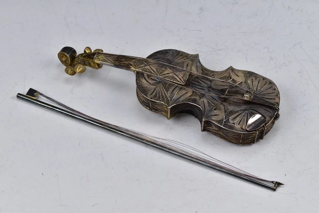 Interesting 9 + 3/4 inch Filigree Sterling Silver Violin & Bow 5.3 Troy Oz