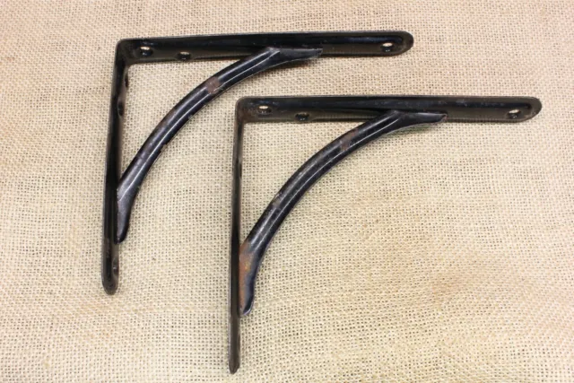 2 Old Shelf Support Brackets 5 X 6” Braces Rustic Industrial Black Vintage Paint
