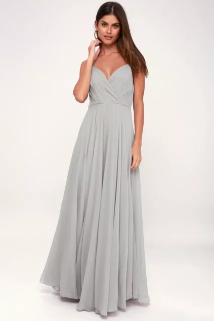 Lulus Long Maxi Formal Bridesmaid Gown Sheer Drape Satin Lined Dress Grey XS