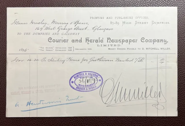 1895 Dumfries & Galloway Courier & Herald Newspaper Company Invoice