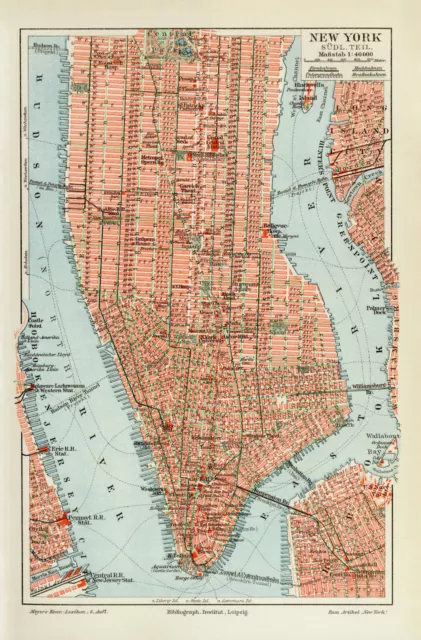 New York Manhattan historischer Stadtplan Karte Lithographie ca. 1906 Stadtkarte