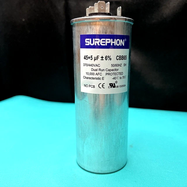 Run Capacitor for AC, 45+5uf, MFD, Dual 370-440 Volt, SUREPHON CBB65