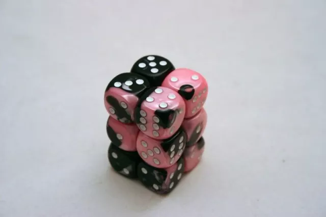 Chessex Gemini 16mm D6 x 12 - Black-Pink/white