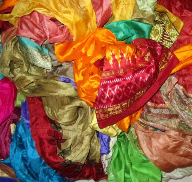 UK LOT PURE SILK Vintage Sari REMNANT Fabrics 100 GRAMS Plain & Pattern #ABM43 2