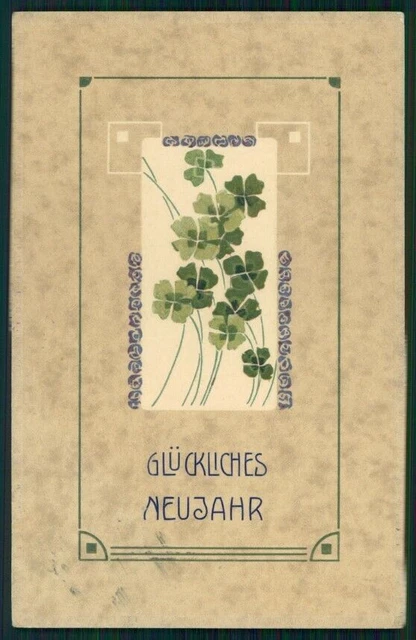 Art Nouveau Wishes Four Leaf Clover Luck Relief postcard TC2786