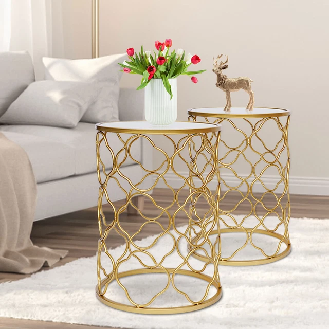 2 SET GOLD Side Tables Elegant Coffee Table Round Metal Nesting Side