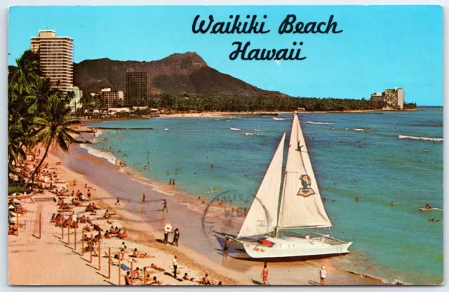 Honolulu Hawaii Waikiki Beach Catamaran Diamond Head Aerial Postcard Posted 1967