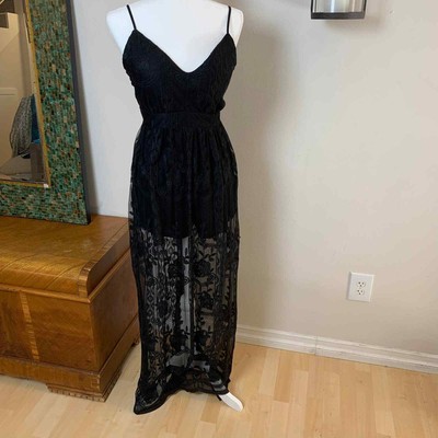 Haute Monde Floral Lace Mesh Overlay V-Neck Maxi Dress w/ Romper Lining Large