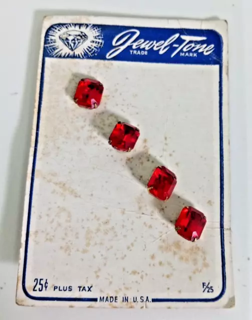 Vintage Jewel-Tone 4 Ruby Red Emerald Cut Prong Set Glass Buttons on Orig  Card