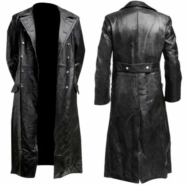 Men's German Classic Ww2 Militar Uniform Officer Black Real Leather Trench Coat