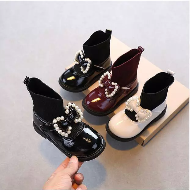 Toddler Girls Wedding Leather School Ankle Boots Kids Pumps Flat Pearl Bow Shoes