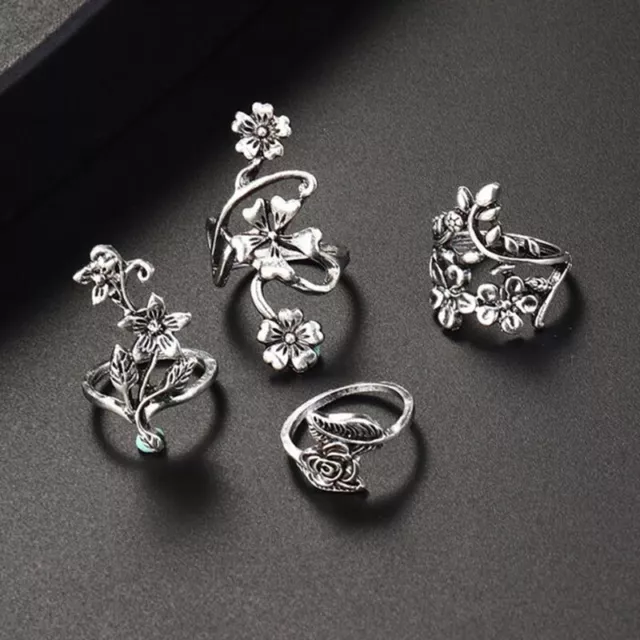4pcs Antique Silver Bohemia Ring Set Rose Flower Rings for Women Charm RTM D  YK