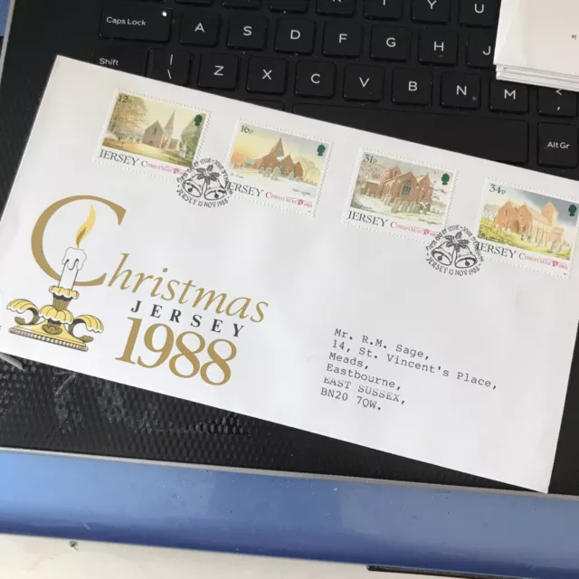 Gb Jersey Stamps Fdc First Day Cover 1988 Christmas Churches   Typed
