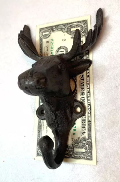 Moose Elk Head Antler Wall Hook Coat Towel Hat Cast Iron Cabin Lodge Rustic