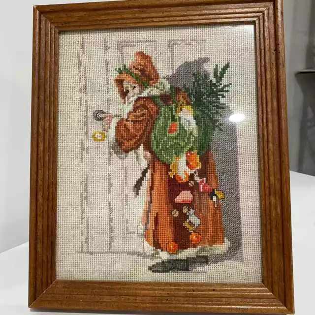 Cross Stitch Santa Completed Framed Vintage Needlework Christmas Handmade