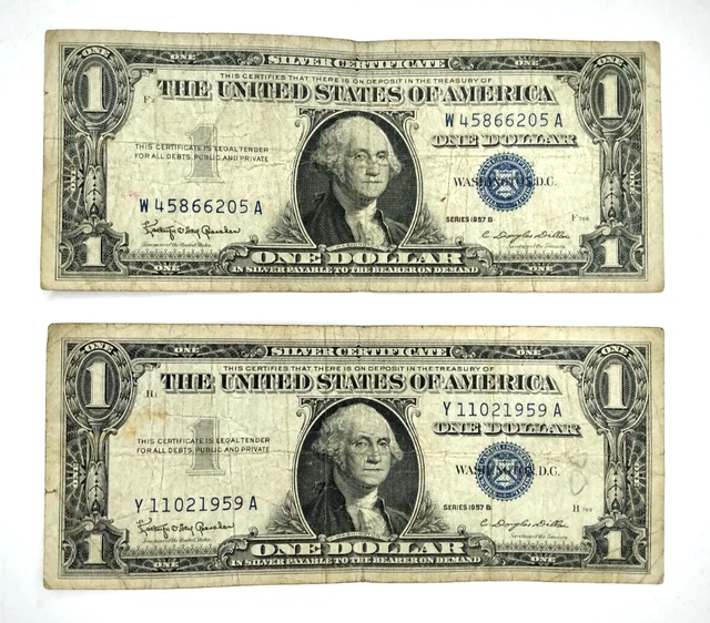 Lot of Two One Dollar Silver Certificates with Blue Seal Series 1957B in Sleeves