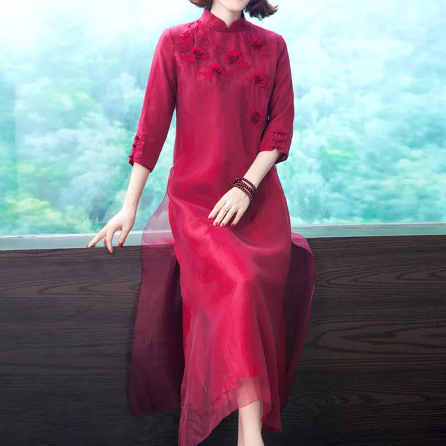 Womens Retro Chinese Cheonesam Standing Neck Embroidered Dress Real Silk Dress