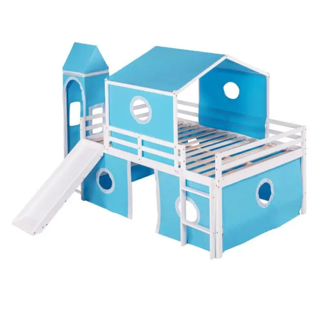 High Quality Full Size Bunk Bed w/ Slide Blue Tent and Tower - Blue