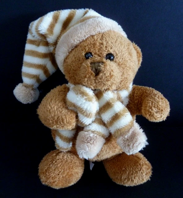 59. DOUDOU PELUCHE RODA RODADOU OURS bonnet rayé beige blanc marron 15cm - TTBE