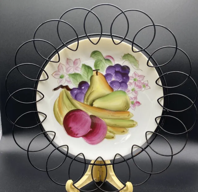 Plate Wall Hanging Wire Trim Flower Shape Vintage Hand Painted Fruit Porcelain
