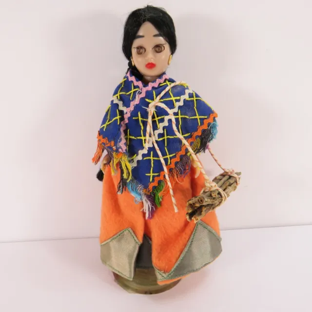 Vintage Folk Art Traditional Huichol Mexican Native Doll braided hair sleepy