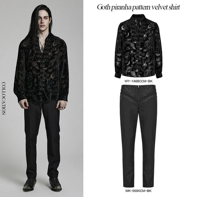Punk Rave Goth Flower Pattern Long Sleeves Men‘s Pull Over Black Velvet  Shirt