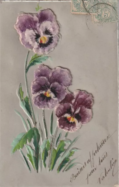 C4- Cp Cartolina Fiori Viole Violette Simil Stoffa - Fp Vg 1908