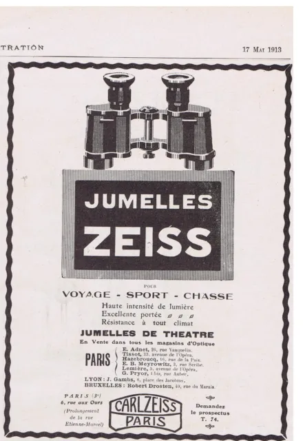 PUBLICITE ADVERTISING 044 1913 Jumelles ZEISS de théâtre