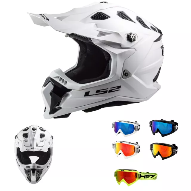 LS2 MX 700 Evo Subverter Solid Blanco MX Casco Cross + HP7 Gafas Enduro