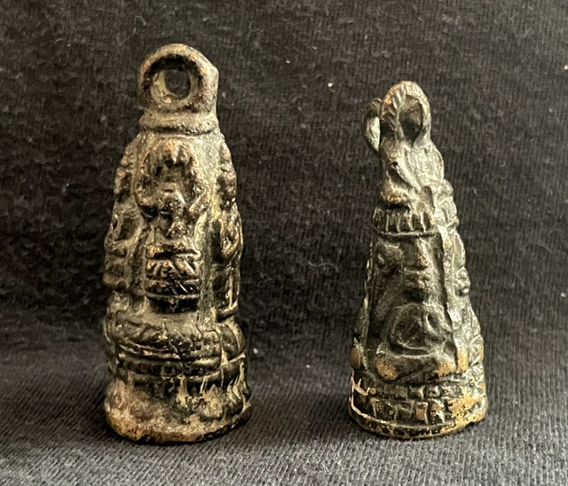 LOT 2 BOUDDHA GRELOT KHMER MUDRA Amulette statuette pendentif bronze Cambodge