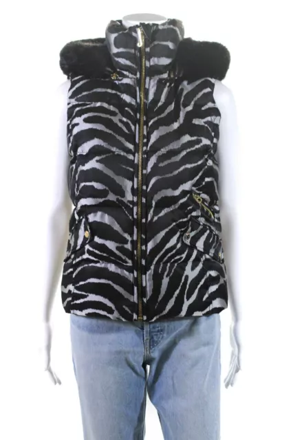 Juicy Couture Women's Zebra Print Faux Fur Trim Puffer Vest Black Size S