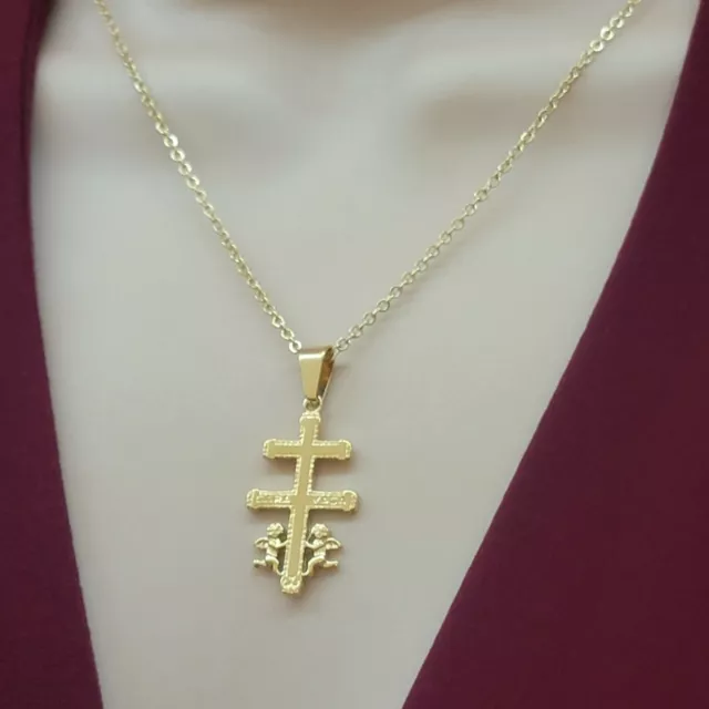 24K Gold Plated Stainless Steel Crucifix CARAVACA Cross Necklace w Chain