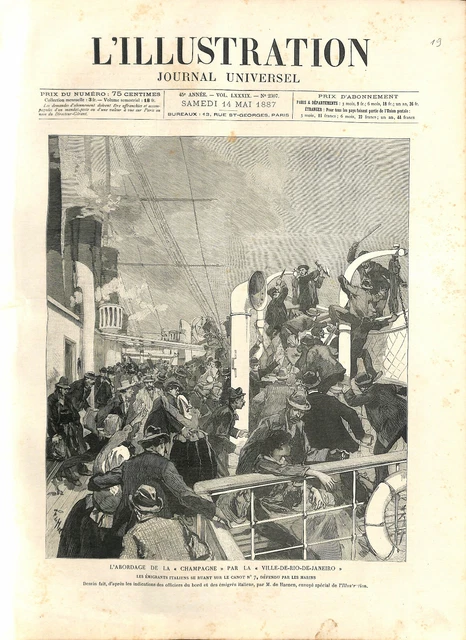 L'abordage du paquebot la Champagne par les émigrants d'Italie  GRAVURE 1887