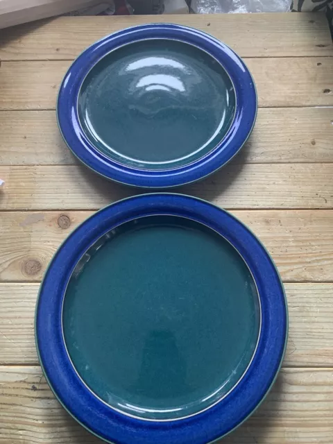 2 Denby Metz Dinner Plates 10.5 Inches Green/Blue Rim Very Good