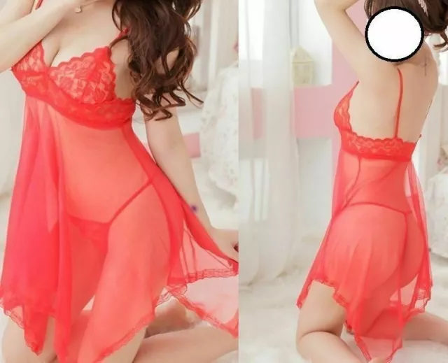 NUISETTE ROUGE TRANSPARENTE avec finition dentelle string TU
