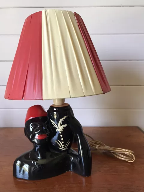 Vintage Barsony Style Pottery Black Man Fez Figural Table Lamp Original Shade